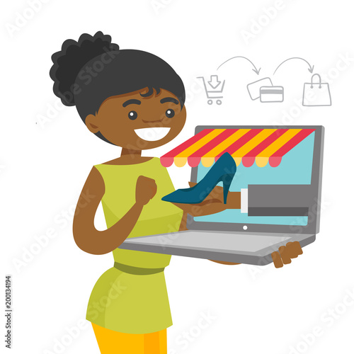 Young african-american woman doing online shopping. Happy woman making order of shoe through a laptop in virtual shop. Online shopping concept. Vector cartoon illustration isolated on white background
