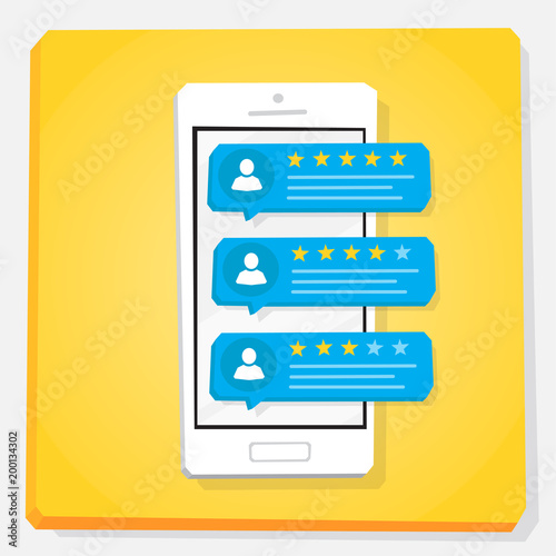 Smartphone 3d isometry flat design illustration. Speech bubbles with user testimonial on mobile phone screen. 5 star rating review with good and bad feedback or messages.
