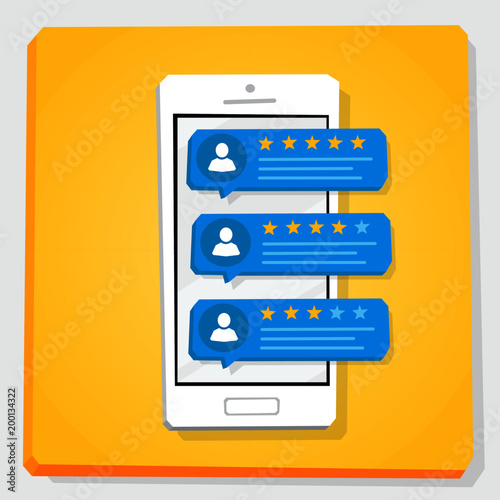 Smartphone 3d isometry flat design vector illustration. Speech bubbles with user testimonial on mobile phone screen. 5 star rating review with good and bad feedback or messages.