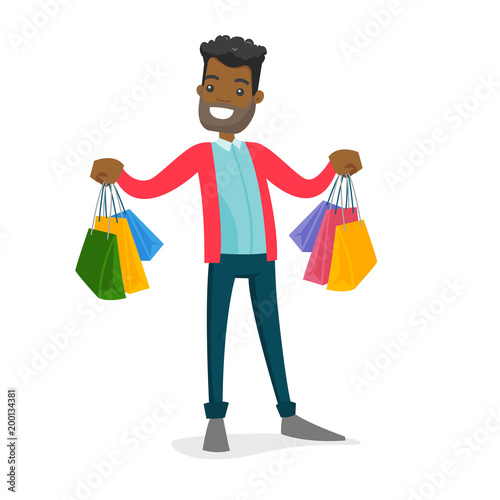 Happy african-american consumer carrying shopping bags. Young man holding a lot of shopping bags. Guy showing his purchases. Vector cartoon illustration isolated on white background. Square layout.