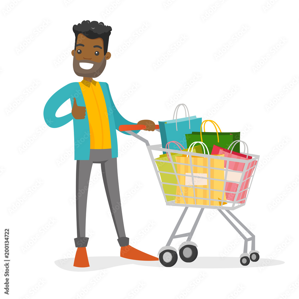 African-american man pushing cart full of shopping bags. Consumer standing with a lot of shopping bags and giving thumb up. Vector cartoon illustration isolated on white background. Square layout. African-american man pushing cart full of shopping bags. Consumer standing with a lot of shopping bags and giving thumb up. Vector cartoon illustration isolated on white background. Square layout.