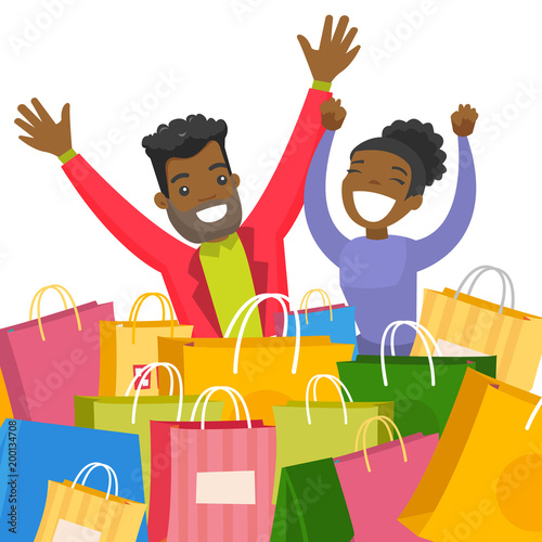 Young african-american couple sitting among colorful shopping bags. Woman and man having fun while doing shopping together. Vector cartoon illustration isolated on white background. Square layout.