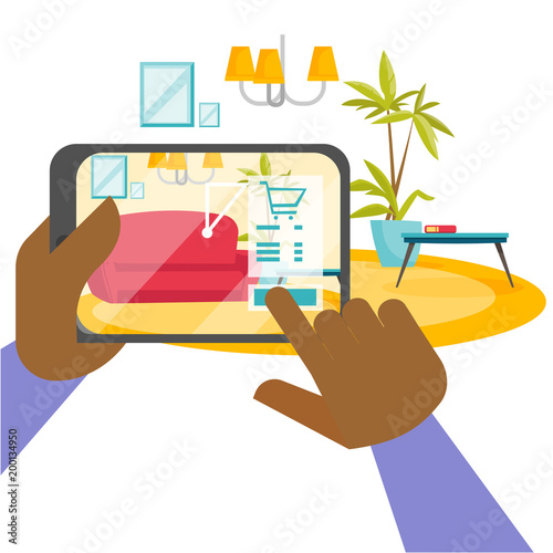 Human hands holding tablet with augmented reality application that lets place virtual furniture to real home before buying. Vector cartoon illustration isolated on white background. Square layout.