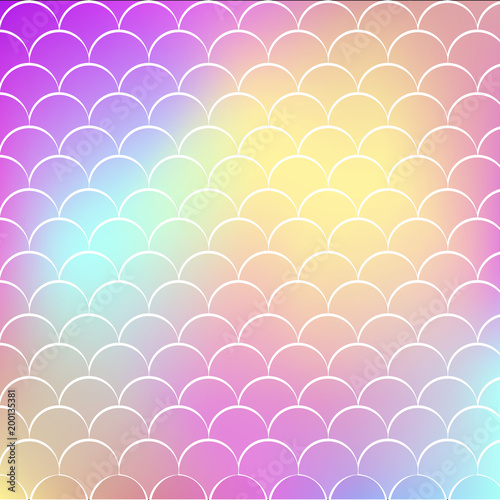 Fish scale on trendy gradient background. Square backdrop with fish scale ornament. Bright color transitions. Mermaid tail banner and invitation. Underwater and sea pattern.Rainbow colors.