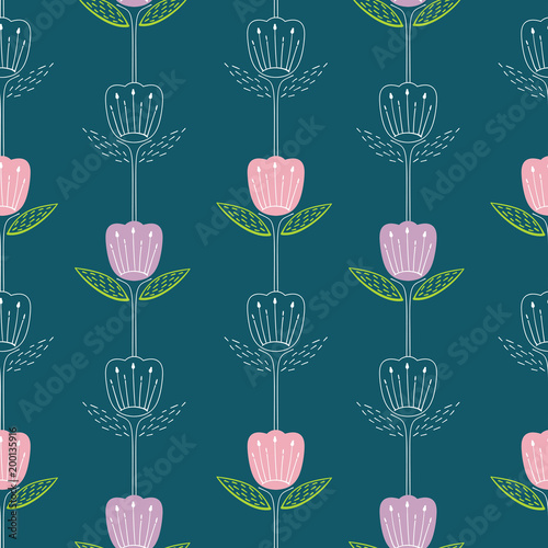 seamless pattern with bluebell, campanula naive style. Flowers stylized on dark blue background