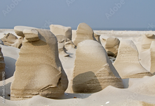 Wind erosion forms strange sculptures in the sand of a beach