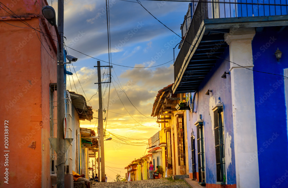 street in the Cuban town at sunset