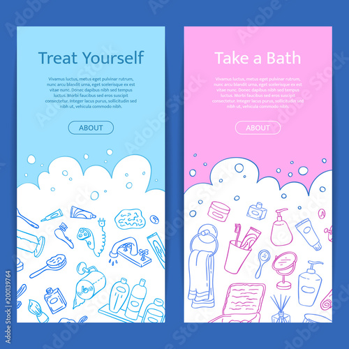 Vector vertical web banner templates with hand drawn doodle bathroom elements and place for text