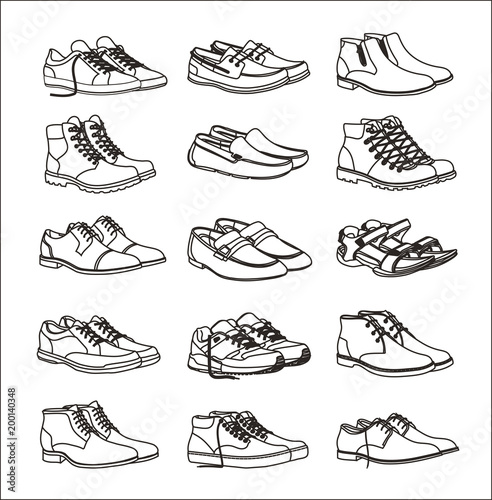 Shoes icons set. Footwear icons set. Set of shoes icons in a linear style. Collection of shoes pictograms. Shoe icons on white background. Vector illustration Eps10 file