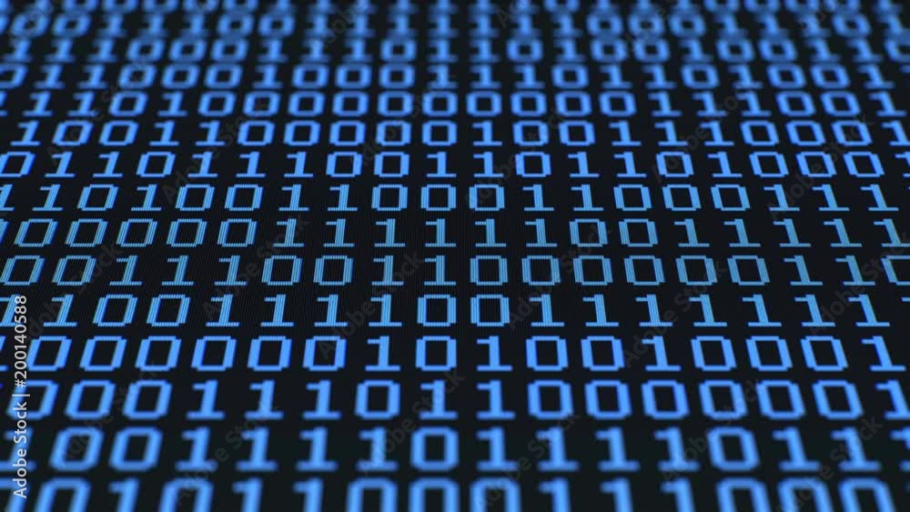 Randomized binary 1s and 0s flicker and cycle on and off via a blue pixelated LCD screen. Macro, 60fps.