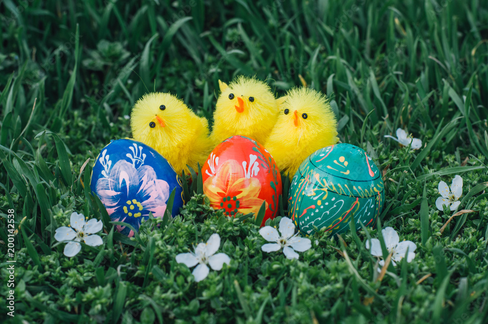 Symbols of Easter festive: yellow little chick and Easter eggs are on green grass in a spring garden for design and decorative. Symbols of Easter festive: yellow little chick and Easter eggs are on green grass in a spring garden for design and decorative.