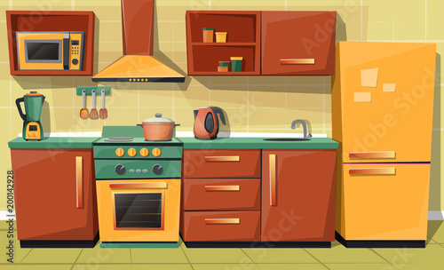 Vector cartoon set of kitchen counter with appliances - fridge, microwave oven, kettle, blender, stove with exhaust. Cupboard, furniture with utensil. Household objects, cooking room interior
