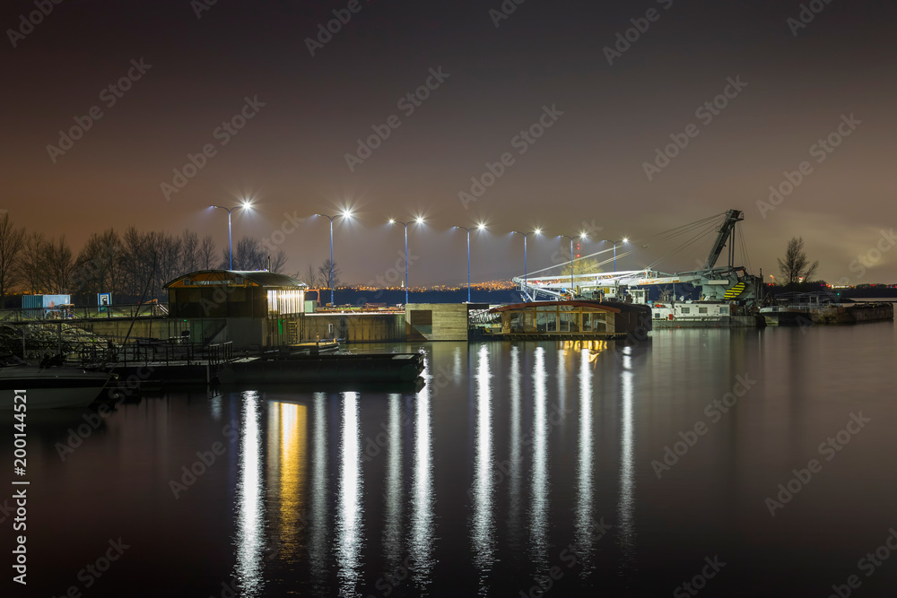 small modern river harbour at night with modern street lights, Cunovo, Donau, Slovakia