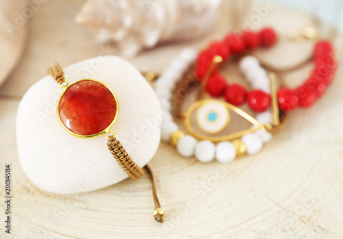 gemstone bracelets - coral and agate stones - greek jewelry advertisement