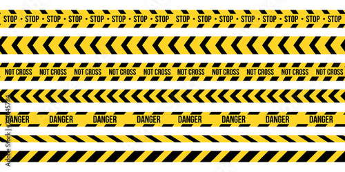 Creative vector illustration of black and yellow police stripe border. Set of danger caution seamless tapes. Art design line of crime places. Abstract concept graphic element. Construction sign. © happyvector071