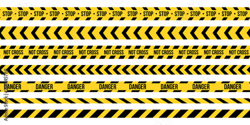 Creative vector illustration of black and yellow police stripe border. Set of danger caution seamless tapes. Art design line of crime places. Abstract concept graphic element. Construction sign.