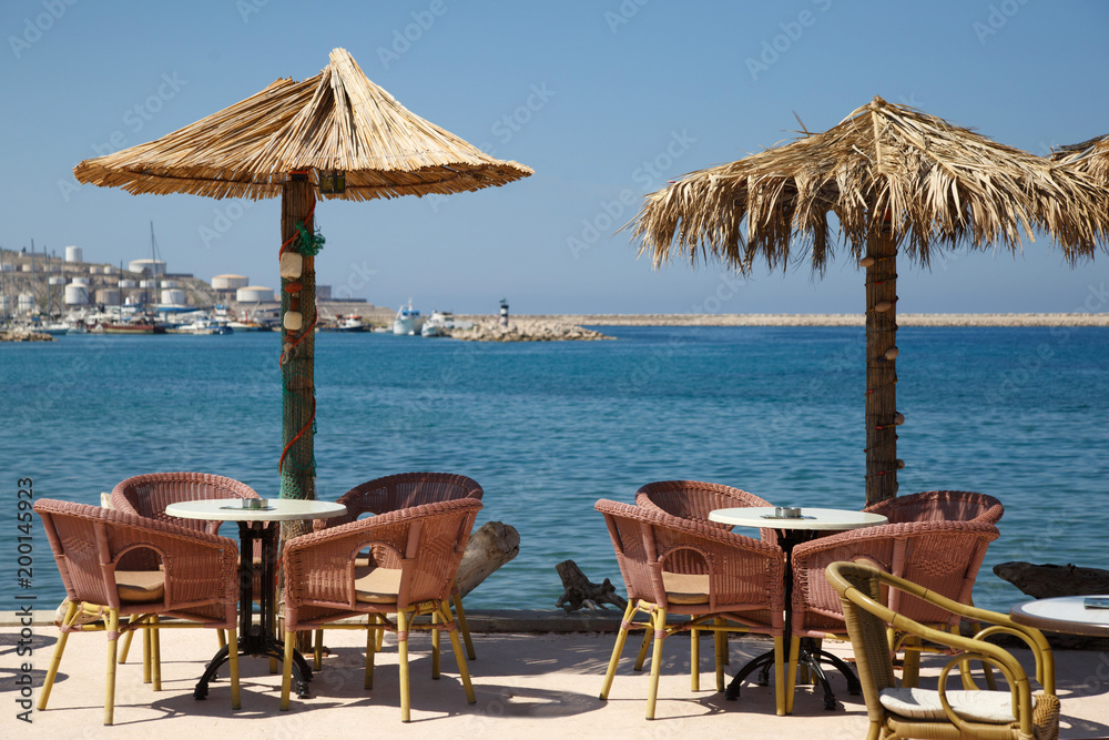 Open cafe on the sea promenade, Montenegro, Bar.