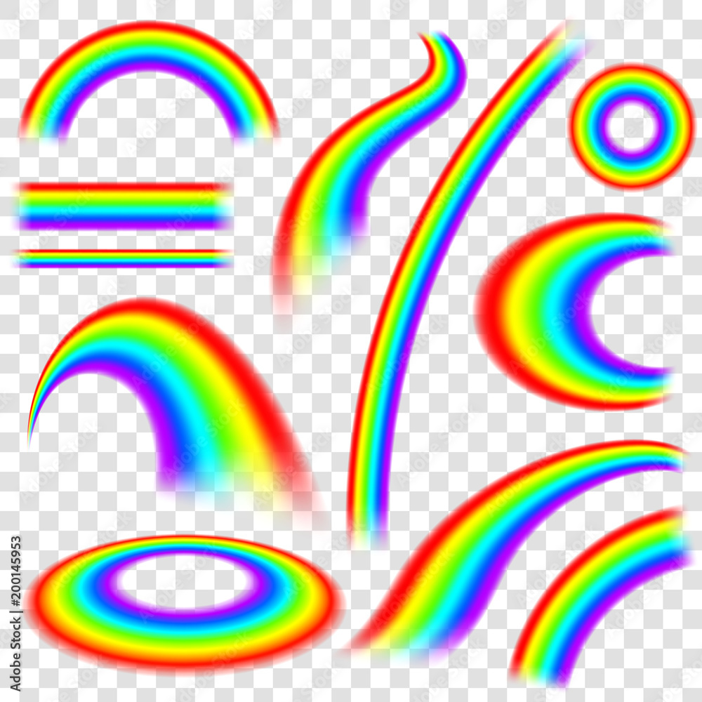 Obraz premium Creative vector illustration of rainbows in different shape isolated on transparent background. Fantasy art design. Spectrum pattern. Abstract concept graphic element. Gay, LGBT, homosexual symbols.