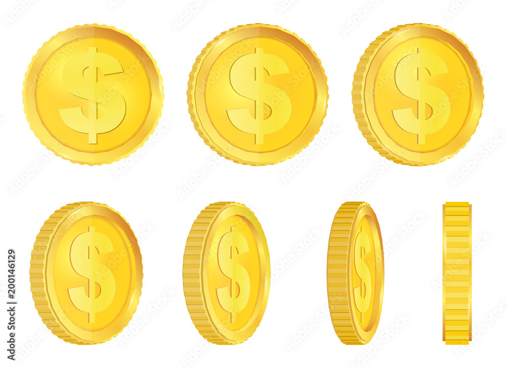 Creative vector illustration of 3d gold coins floating in different perspective. Isolated on transparent background. Dollar sign. Realistic money. Art design. Abstract concept graphic element.