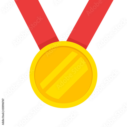 Gold medal with red ribbon vector icon, flat cartoon golden medallion award hanging isolated on white