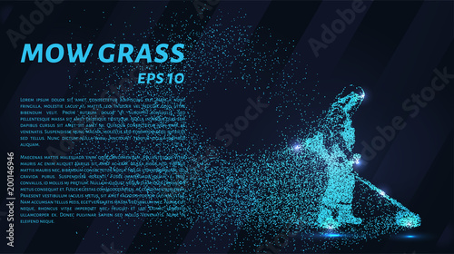 Mowing the grass from the particles. Silhouette mows the grass consists of dots and circles. Vector illustration.