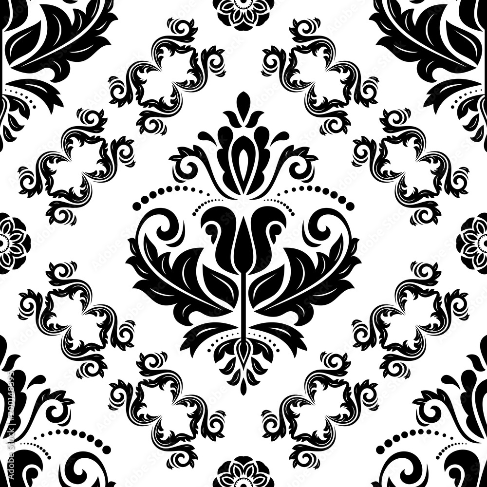 Damask classic black and white pattern. Seamless abstract background with repeating elements. Orient background Damask classic black and white pattern. Seamless abstract background with repeating elements. Orient background