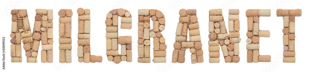 Grape variety Milgranet made of wine corks Isolated on white background
