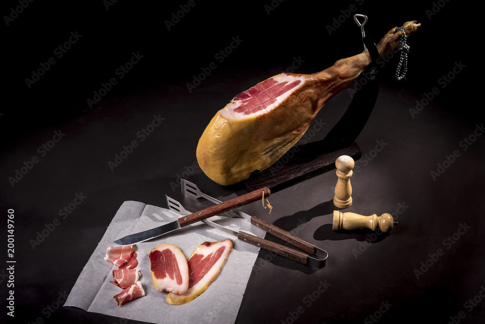 Dry Spanish ham, Jamon Serrano, Italian prosciutto crudo or Parma ham