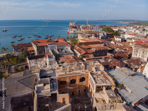 AERIAL view of the Stone Town, old part of Zanzibar City. Flight above main city of Zanzibar, Tanzania, Africa, Indian Ocean