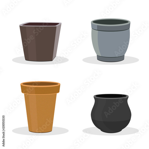 Garden pots and containers isolated on white. Gardening equipment. Round and square pots and containers. Terracotta flower pot icons or illustrations.