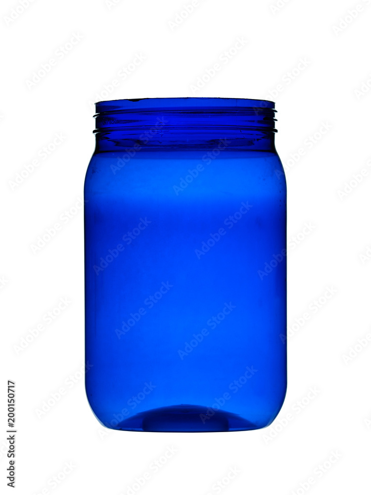 Plastic can container for sports nutrition in powder, blue color isolated on white background Plastic can container for sports nutrition in powder, blue color isolated on white background