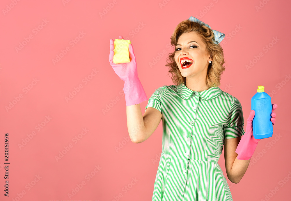 Pinup woman hold soup bottle, sponge. Pinup woman hold soup bottle, sponge.