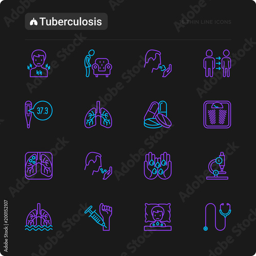 Tuberculosis thin line icons set: infection in lungs, x-ray image, dry cough, pain in chest and shoulders, Mantoux test, weight loss. Vector illustration for black theme. photo