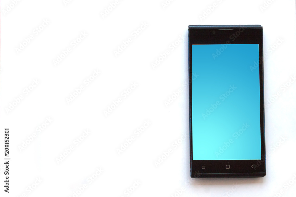 layout for cutting and pasting A black smartphone with blue blank screen on isolated white background layout for cutting and pasting A black smartphone with blue blank screen on isolated white background