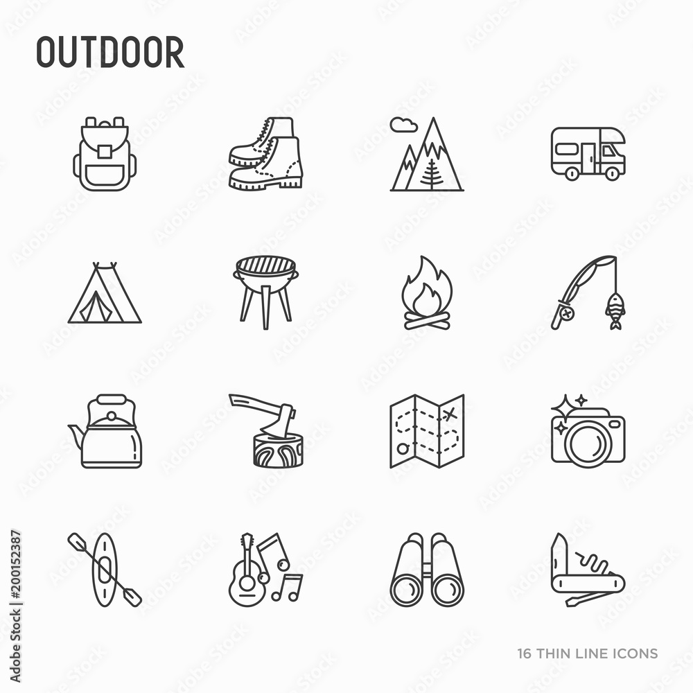 Fototapeta premium Outdoor thin line icons set: mountains, backpack, uncle boots, kettle, axe, map, swiss knife, canoe, camera, fishing rod, binoculars. Modern vector illustration.