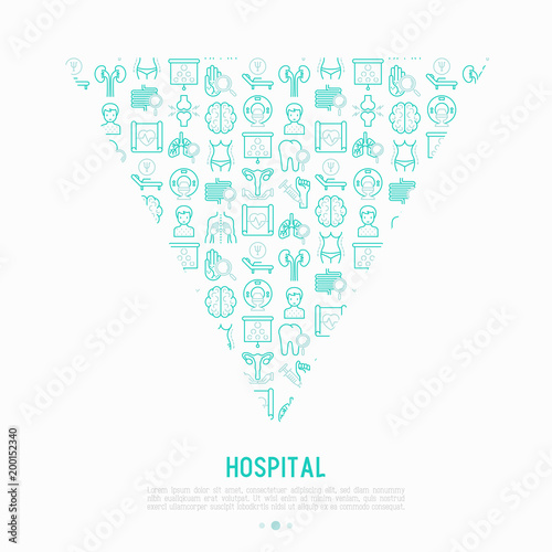 Hospital concept in triangle with thin line icons for doctor's notation: neurologist, gastroenterologist, manual therapy, ophtalmologist, cardiology, allergist, dermatologist. Vector illustration.