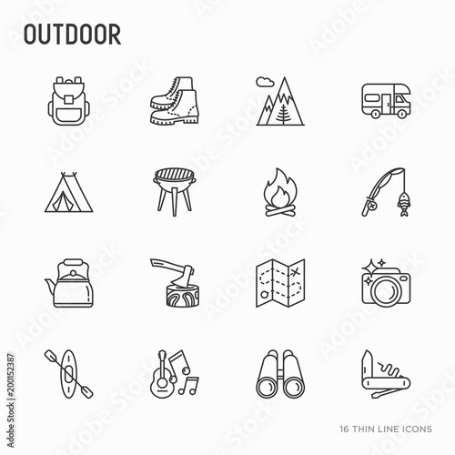 Outdoor thin line icons set: mountains, backpack, uncle boots, kettle, axe, map, swiss knife, canoe, camera, fishing rod, binoculars. Modern vector illustration.