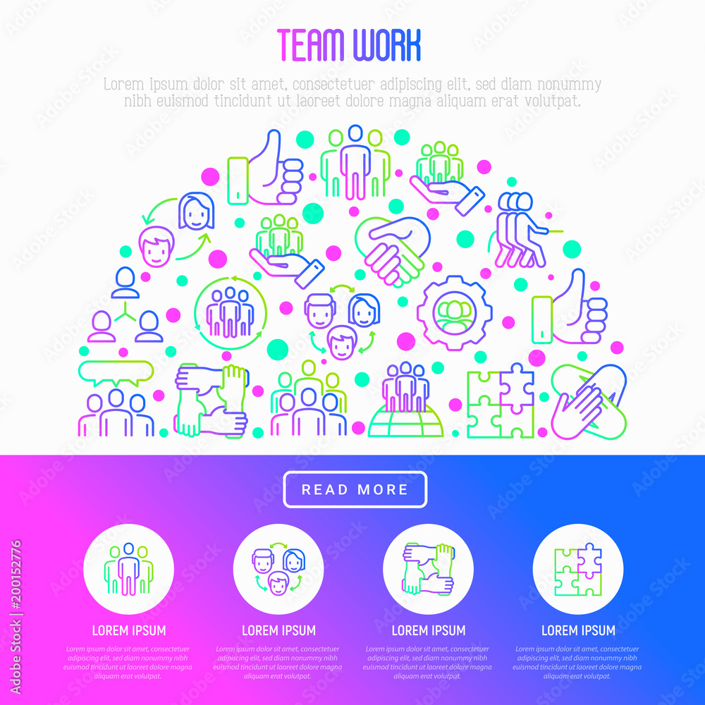 Teamwork concept in half circle with thin line icons: group of people, mutual assistance, meeting, handshake, tug-of-war, cooperation, puzzle, team spirit, cooperation. Modern vector illustration.
