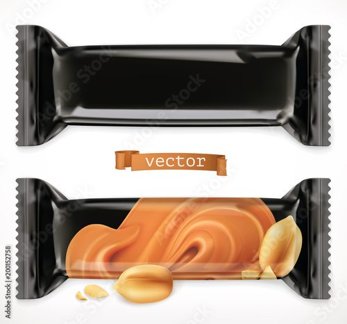 Black polymer packaging for foods. Chocolate bar, 3d realistic vector icon