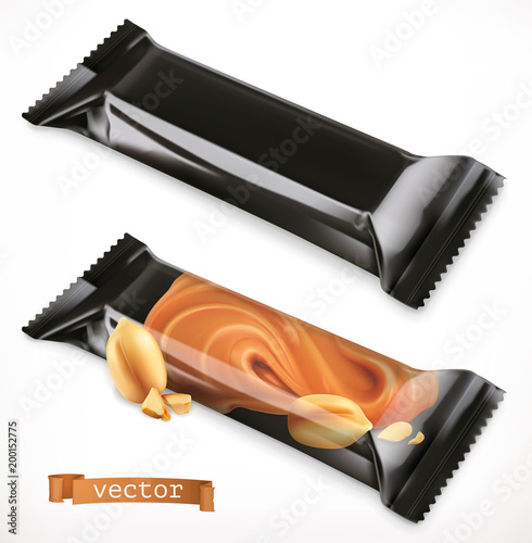Black polymer packaging for foods. Chocolate bar, 3d realistic vector icon