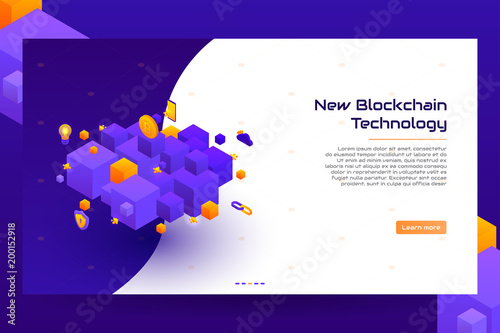 Isometric blockchain concept banner. Modern Concept of Digital Technology in the Shape of Block Chain. Vector Illustration.