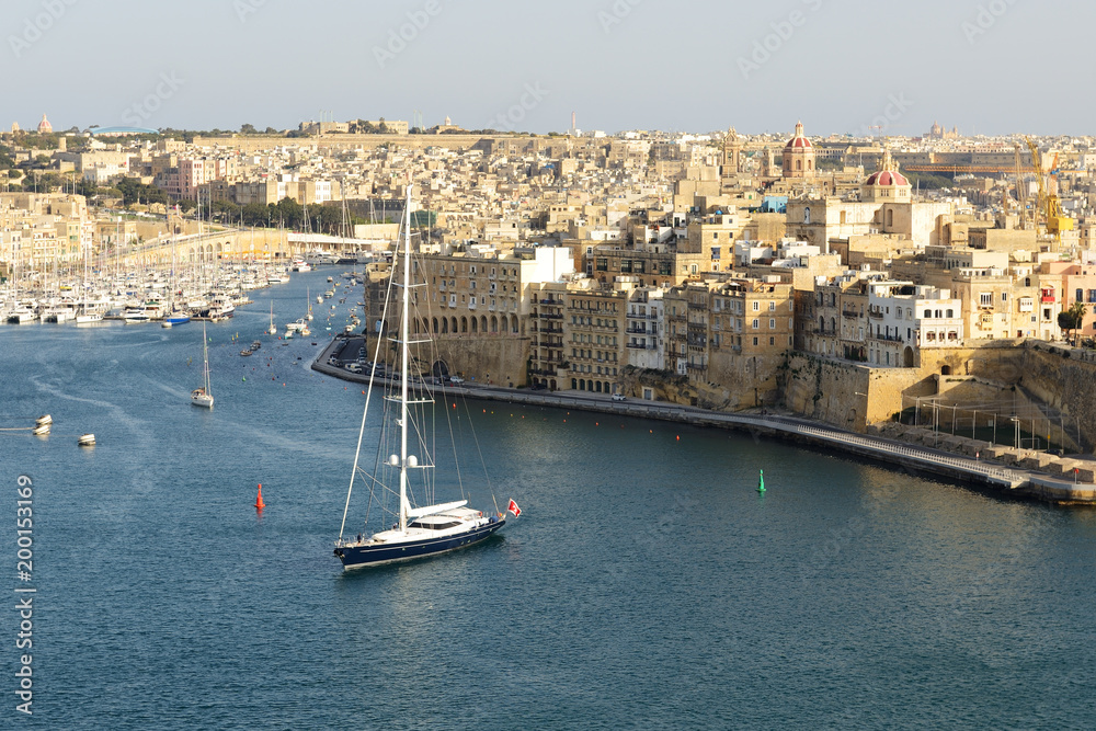 The view on Vittoriosa and yachts in sunset, Malta
