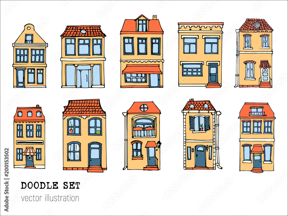 Hand drawn European city houses set in cute cartoon style. Colorful modern townhouse building sketch. Old houses, City buildings, decorative elements collection. Creative vector illustration.