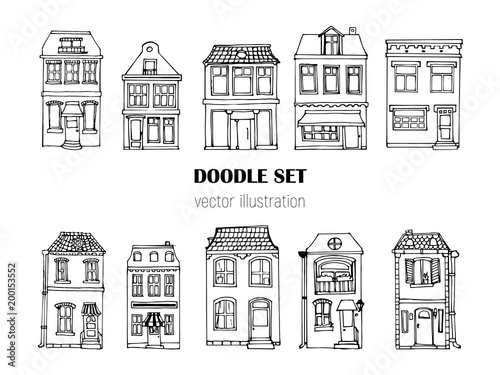 Hand drawn European city houses set in cute cartoon style. Colorful modern townhouse building sketch. Old houses, City buildings, Doodle decorative elements collection. Creative vector illustration.