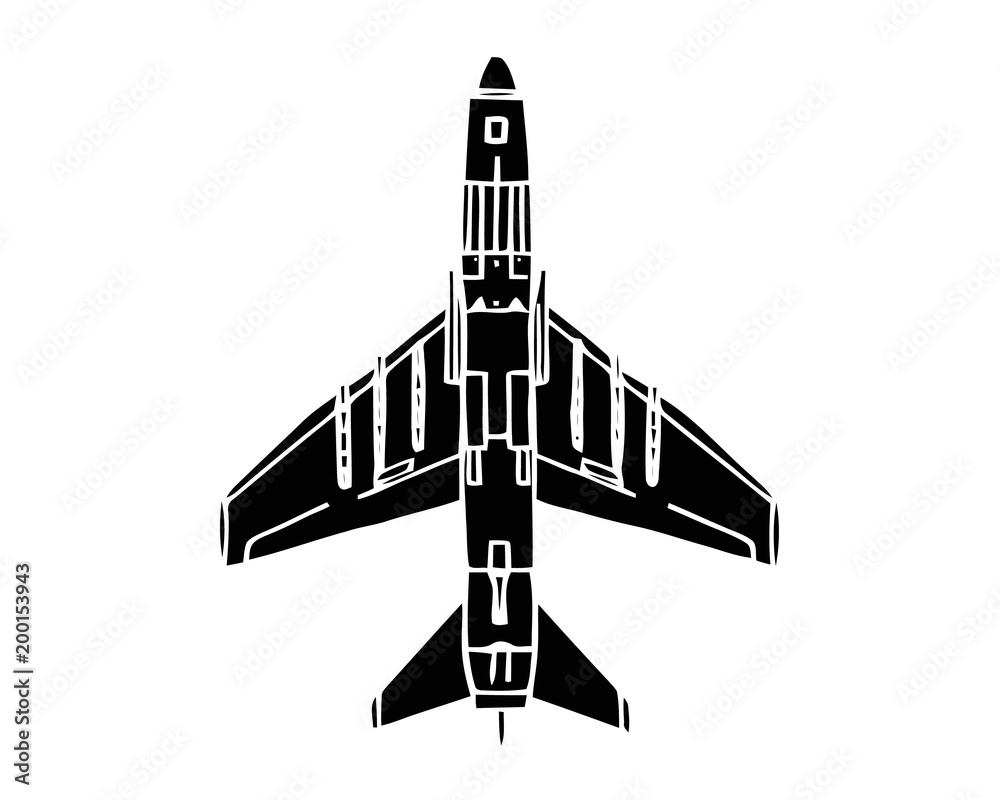 Black silhouette of military aircraft on white background. Fighter jet ...
