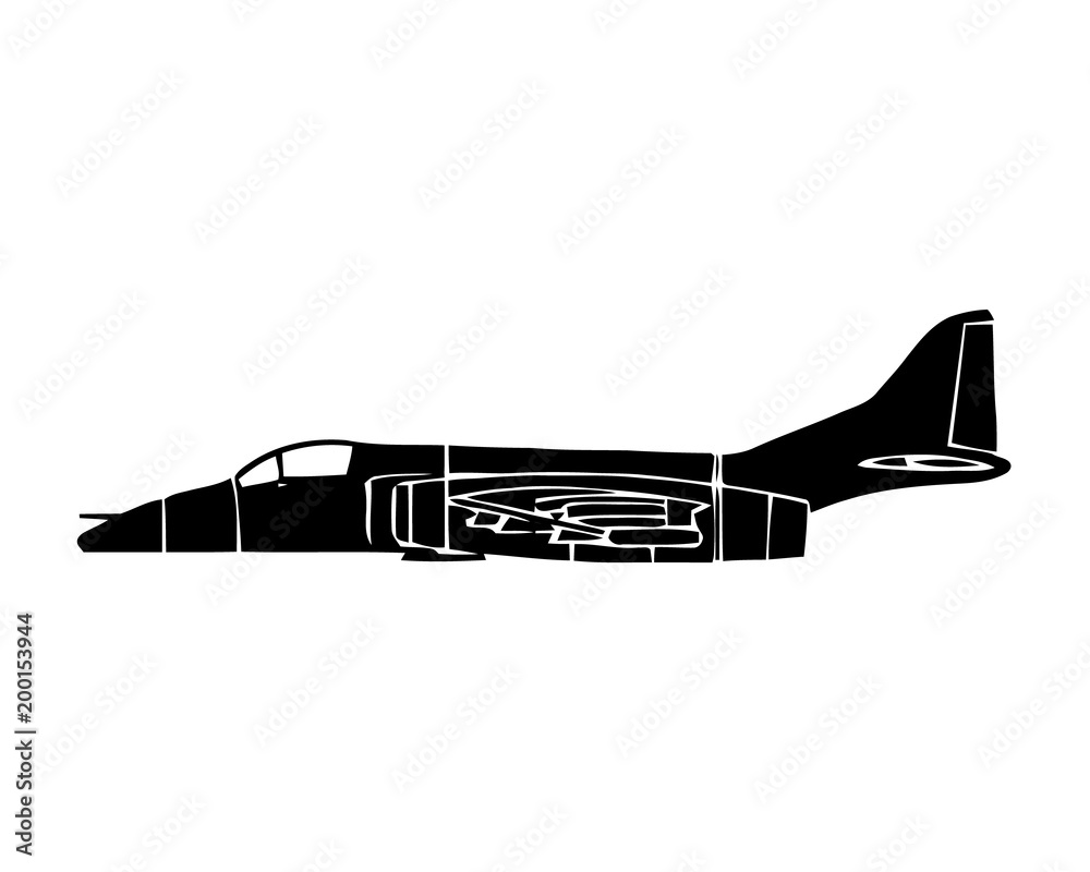 Black silhouette of military aircraft on white background. Fighter jet ...
