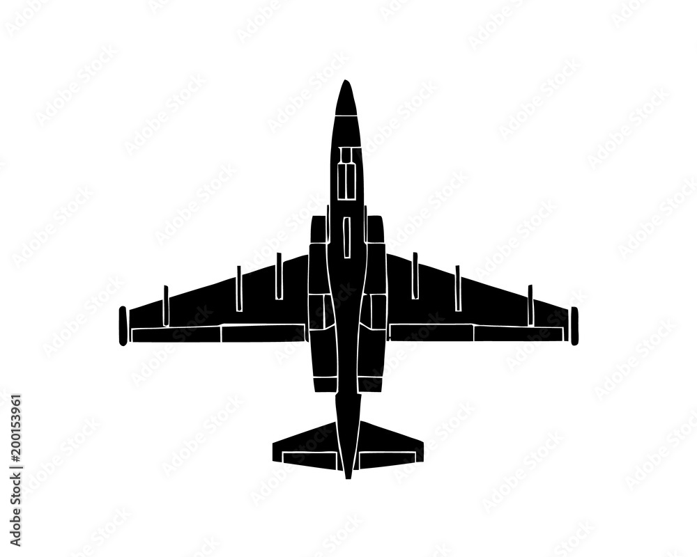 Black silhouette of military aircraft on white background. Fighter jet