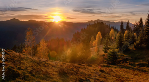 Breathtaking view of ascending sun in Carpathians