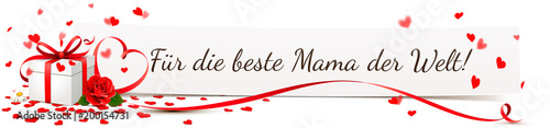 Muttertag - Papier Banner schmal mit Geschenk Schachtel, Rose, Herz Schleife und Konfetti