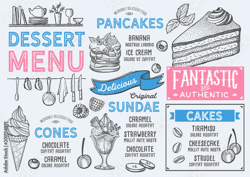 Dessert restaurant menu. Vector food flyer for bar and cafe. Design template with vintage hand-drawn illustrations.